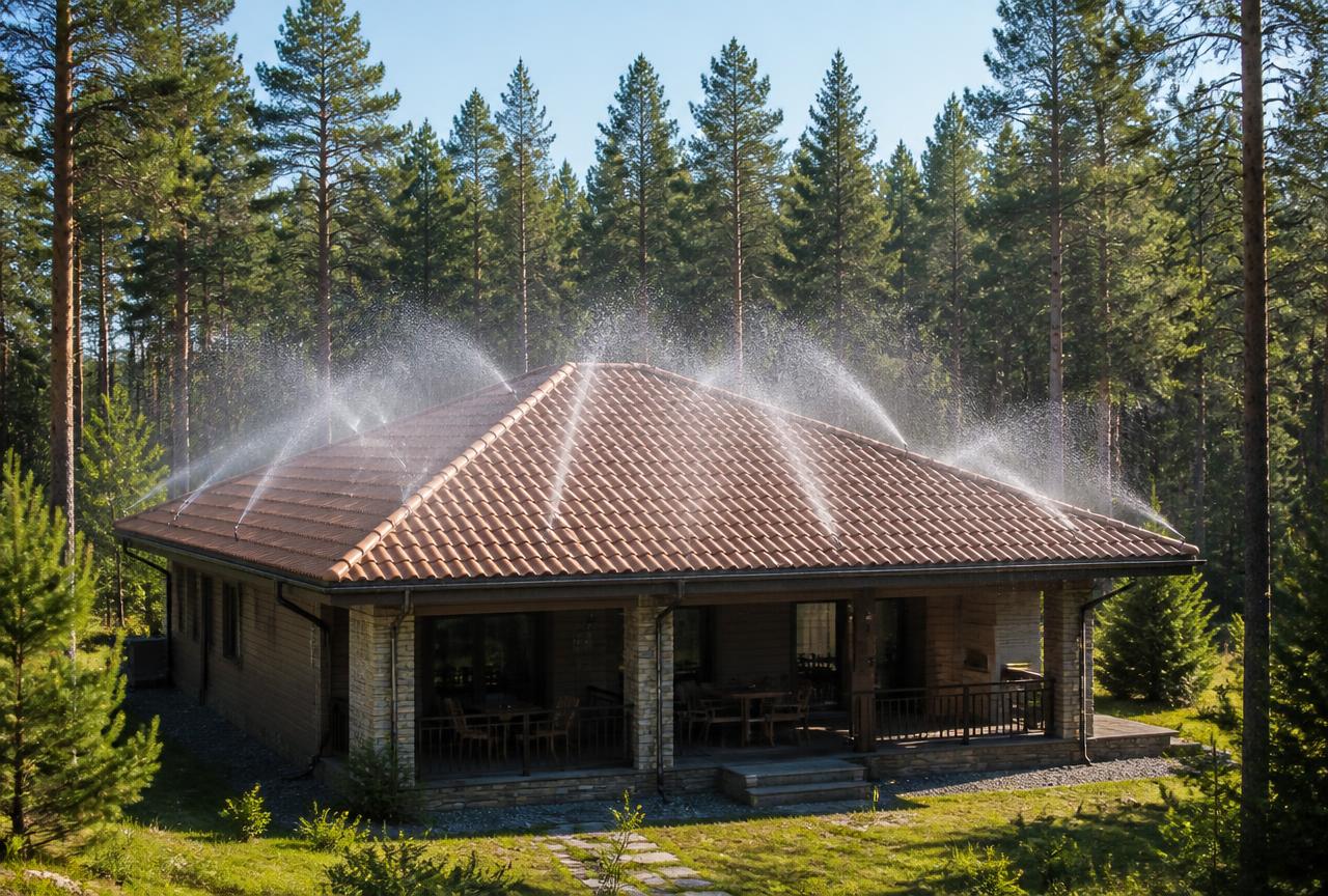 Casa con tejado a cuatro aguas regada por aspersores contra incendios forestales