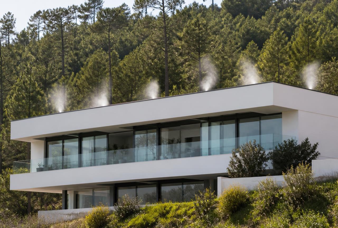 Vivienda moderna de cubierta plana con difusores de agua en el perímetro