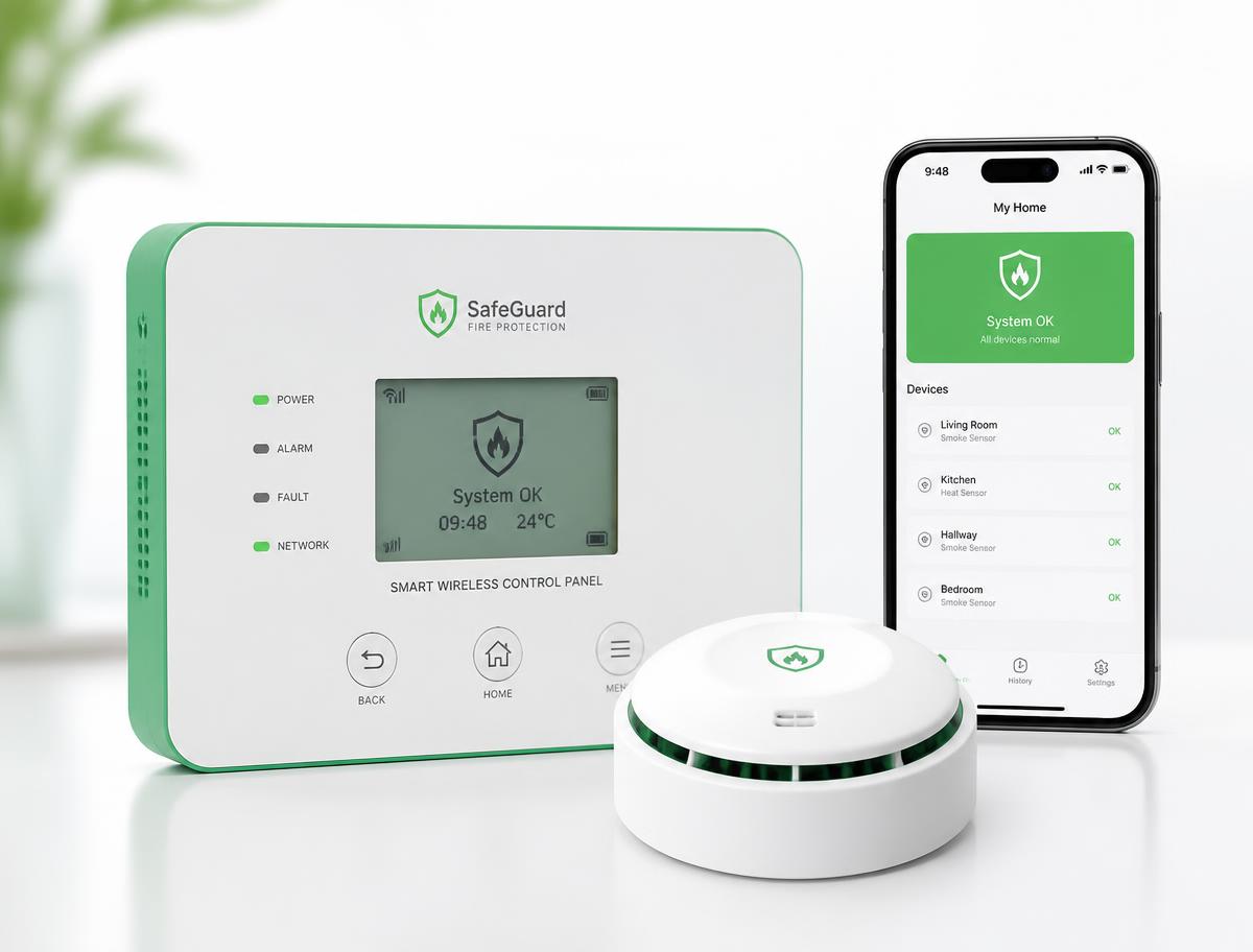 Panel de control inteligente, sensor de humo y app móvil del sistema de protección