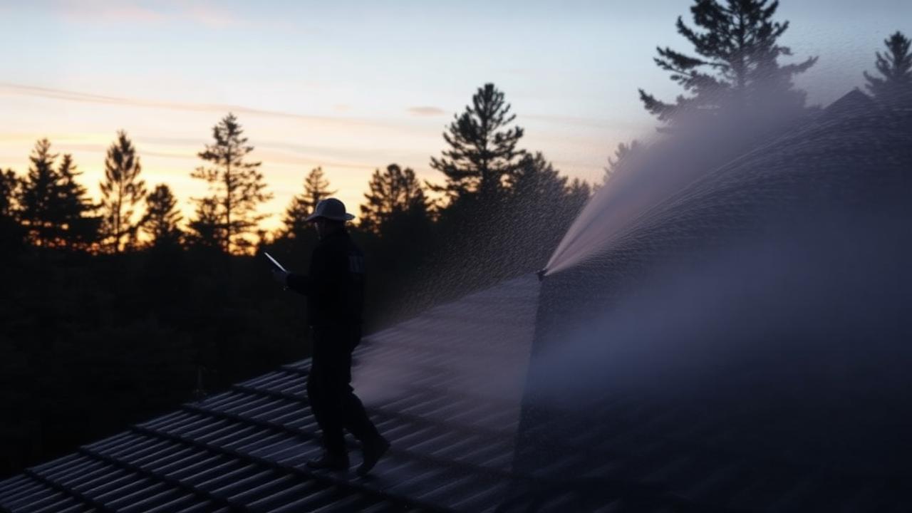 Técnico supervisando la activación del sistema de riego sobre el tejado al atardecer